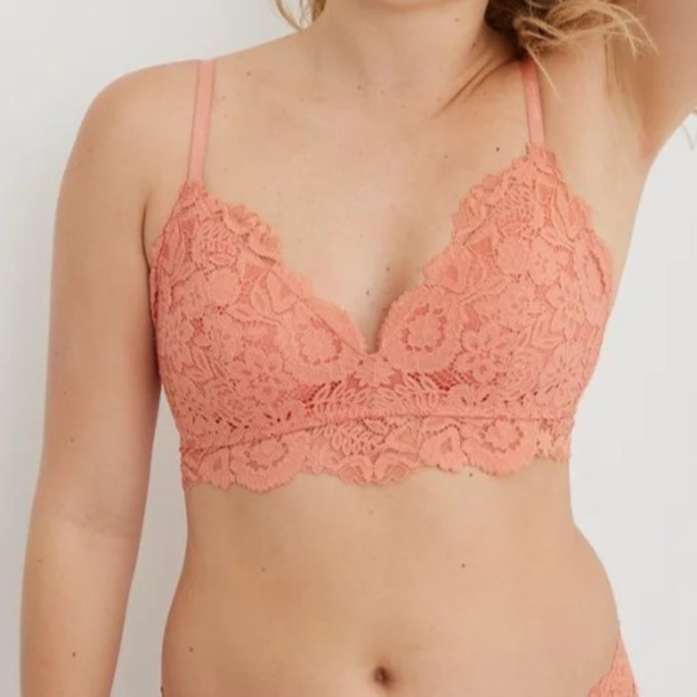 Aerie eyelash lace real Happy braletter orange lace scaloped edges 34C